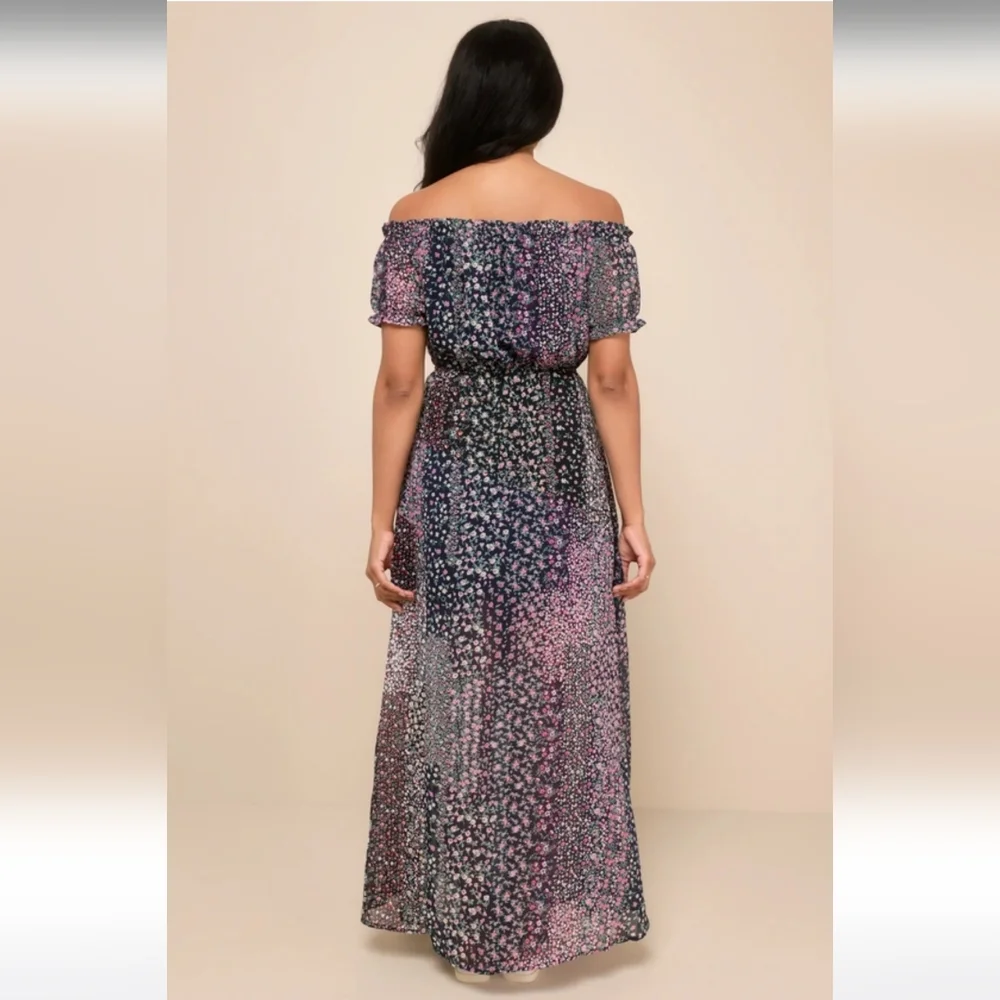 Lulus Neva Navy Blue Floral Print Off-the-Shoulder Maxi Dress Mini-Lined MED NWT - Picture 8 of 11